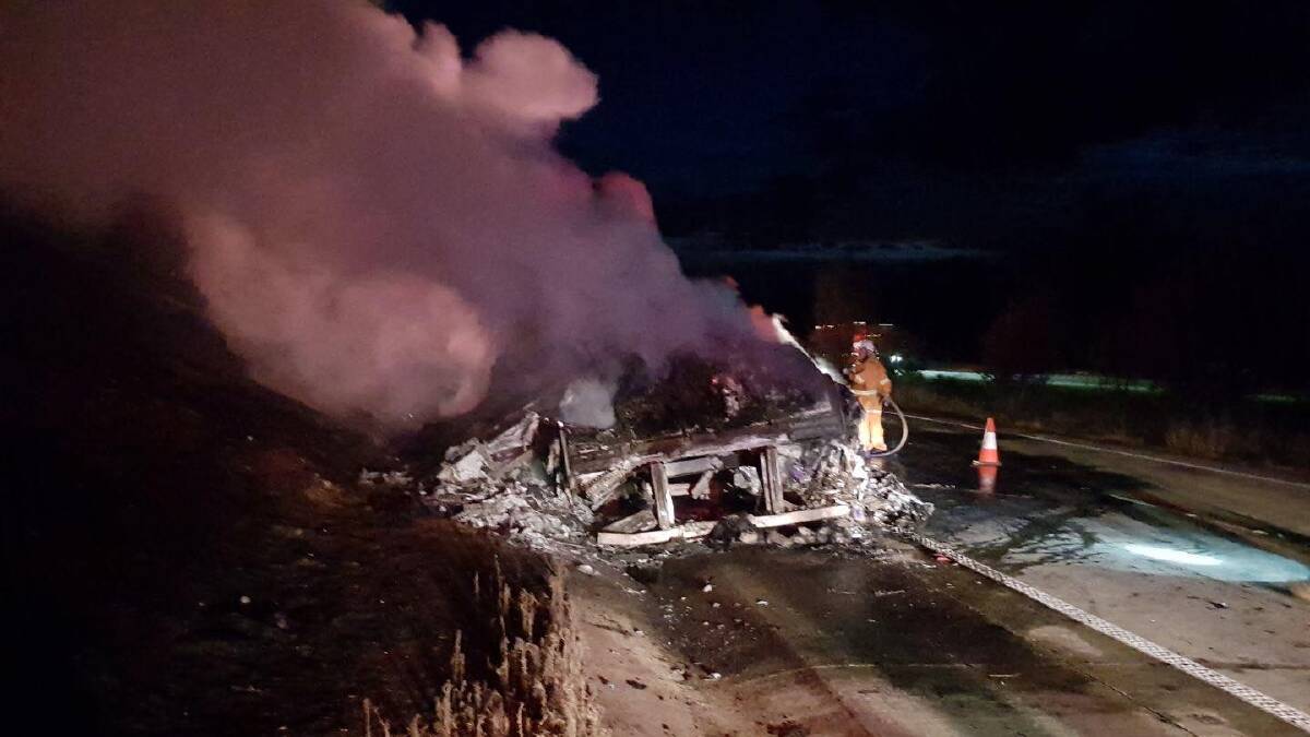 Remains of the truck fire on the Hume Highway at Jerrawa. Photo: Traffic and Highway Patrol Command - NSW Police Force