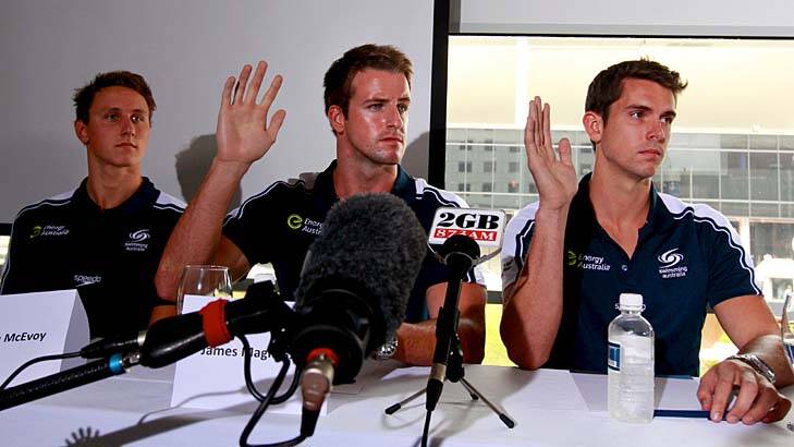 Fronting up … Australia's 4x100m Olympic swimming team faces the media in Sydney after owning up to pre-Games pranks and taking sleeping tablets at a training camp in Manchester. Photo: Edwina Pickles