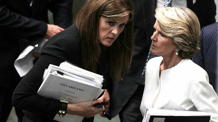 'Gillard' file ... Opposition Leader Tony Abbott's chief of staff Peter Credlin, left, speaks with Deputy Opposition Leader Julie Bishop at the end question time on Monday.