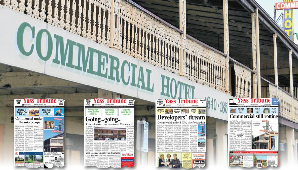 EYE-SORE: The once running Commercial Hotel is now idle – and has been since 2006. (Inset) How the Tribune’s covered the story in recent years. 