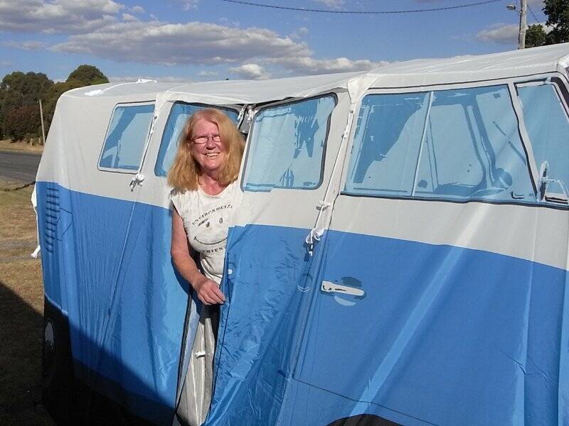 Irene Barerra with her ‘Volkswagen’ tent, which plays a starring role in her book, Grandma Goes Camping.