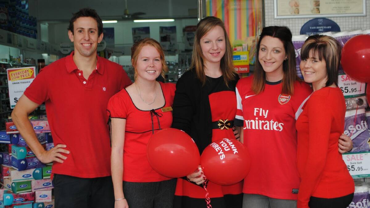 Yass Pharmacy decked themselves out in red on Friday in support of the cause. Pictured is pharmacist Andrew Douglas with Drew MaCarther, Naomi Menzies, Billie-Alice Blackman and Kristie Stephenson. Photo: Oliver Watson.
