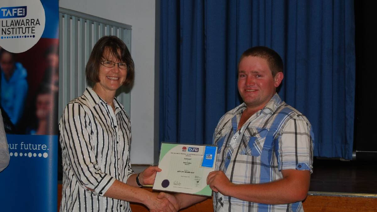 Louise Pinson, Deputy Principal of Yass High School with Anthony Heat from the Certificate IV in Wool Classing.