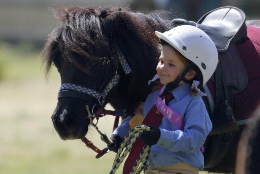 Five-year-old Bella Jarat leading her black Shetland pony at the recent Yass Pony Club Gymkhana event.