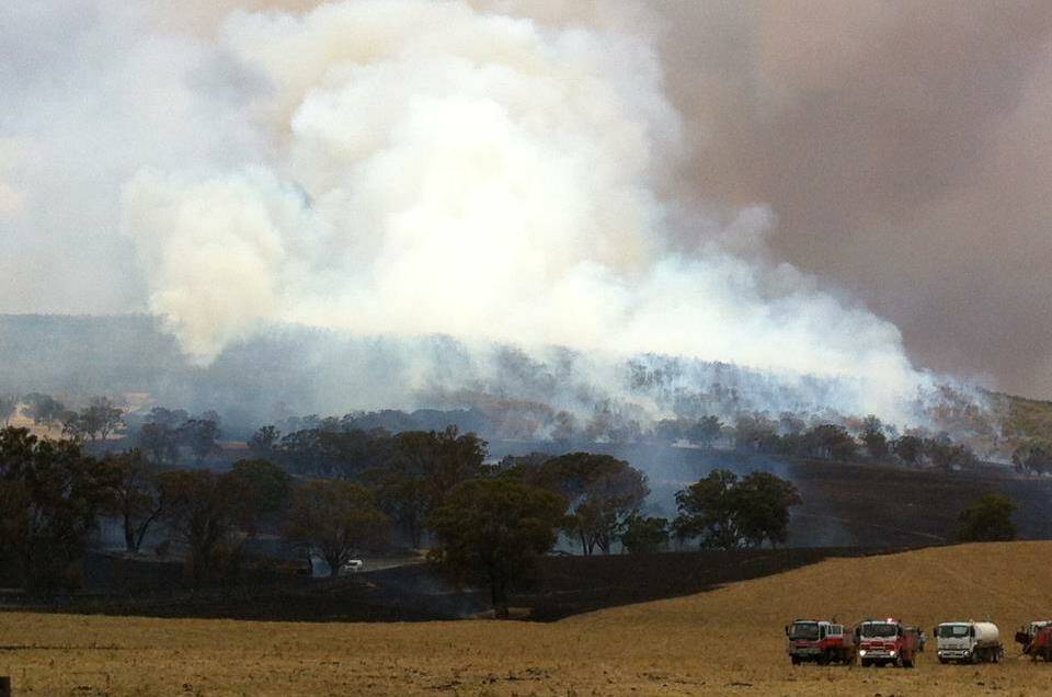 Fire trucks refill in foreground as the Watershed Stud fire, near Boorowa, burns out of control. Photo: Young Witness.