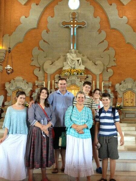 Kirk family: Anna, Madeleine, Tim, Lara, Aodhan, Katie and Tom at the Cathedral of Jesus the Good Shepherd in Denpasar, Bali. 