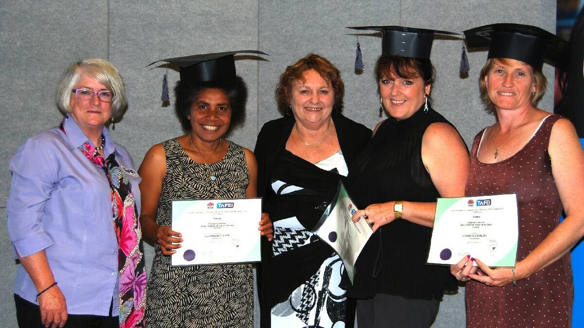 Graduates Diploma of Children’s Services: L to R: Head Teacher of Children’s Services Mary Heys, graduate Claudina McPhillips, TAFE Institute Director Dianne Murray, graduate Cindy Davis, graduate Leanne Wilcox - these students completed the diploma flexibly through Shellharbour campus but with local support from Mary Heys.