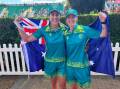 Kristina Krstic and Ellen Ryan after winning gold in the women's pairs. Photo: Bowls Australia