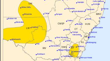 A severe thunderstorm warning issued by the Bureau for western parts of NSW and the ACT on November 28. Picture by the Bureau of Meteorology