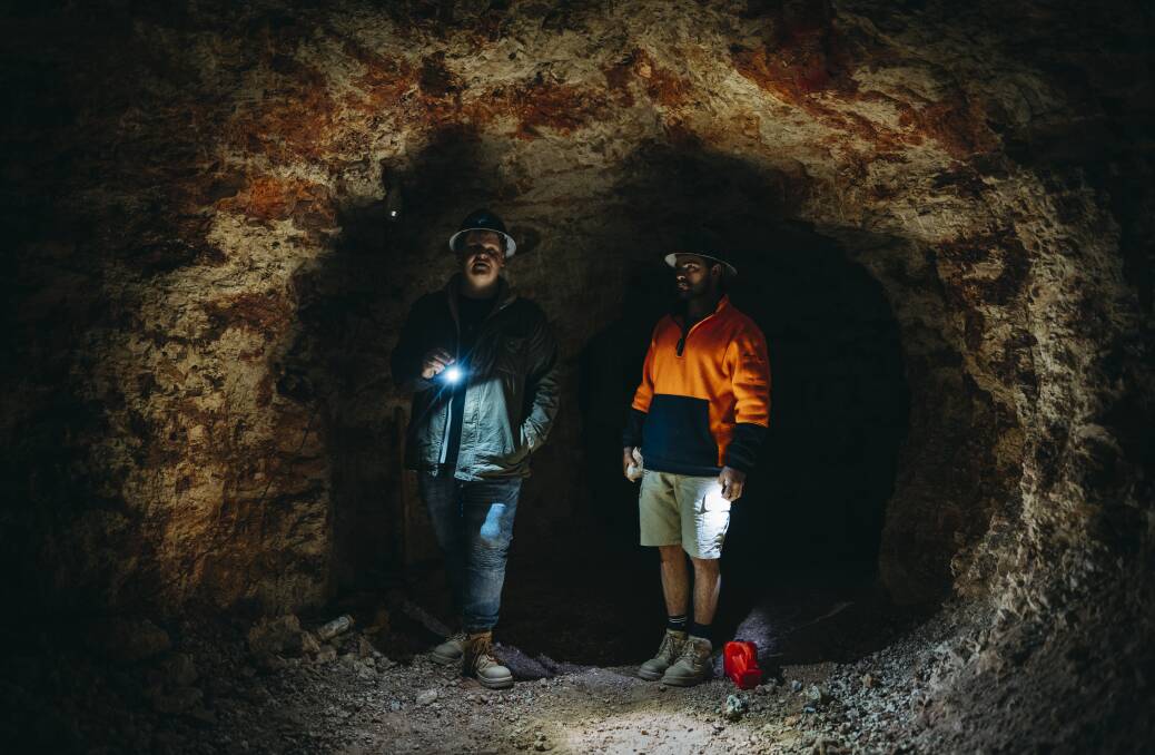 Jaymin Sullivan and James Caruana in their opal mine at White Cliffs in far western NSW. Picture: Dion Georgopolous