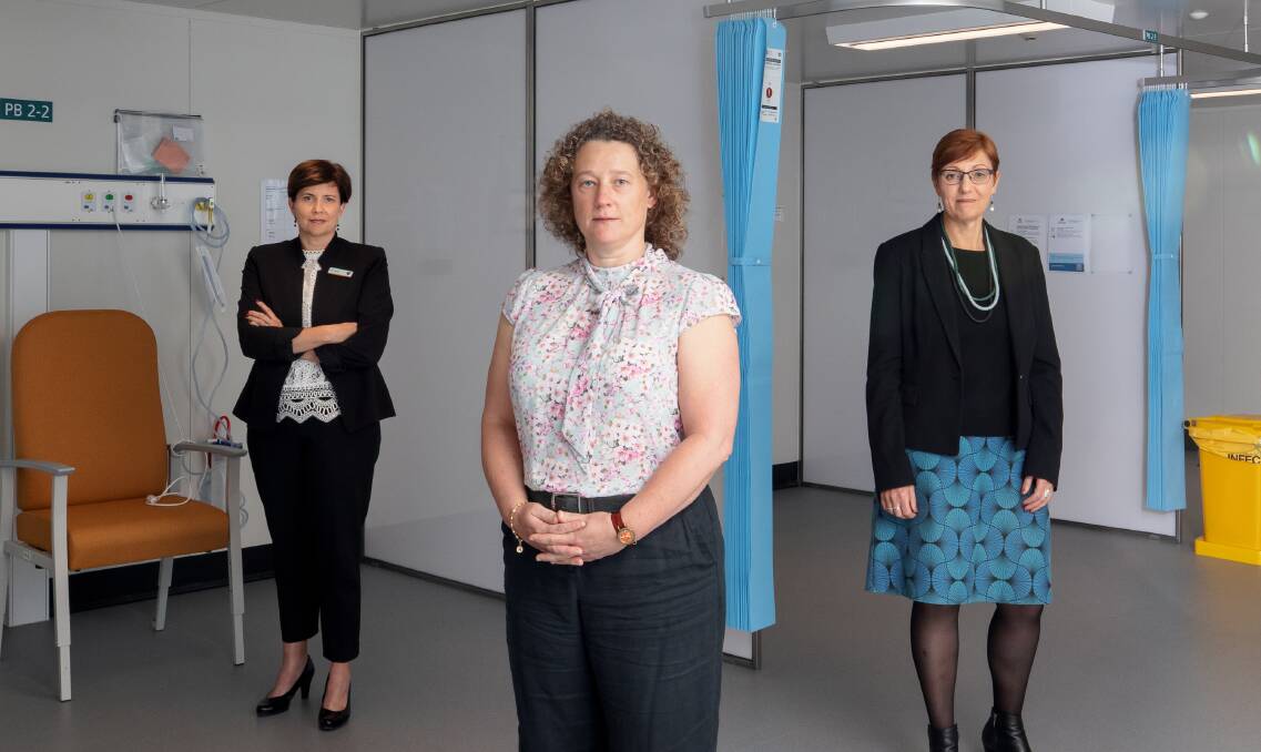 Canberra Health Services chief executive Bernadette McDonald (left), the ACT's Chief Health Officer Dr Kerryn Coleman, and ACT Health Minister Rachel Stephen-Smith. Picture: Sitthixay Ditthavong