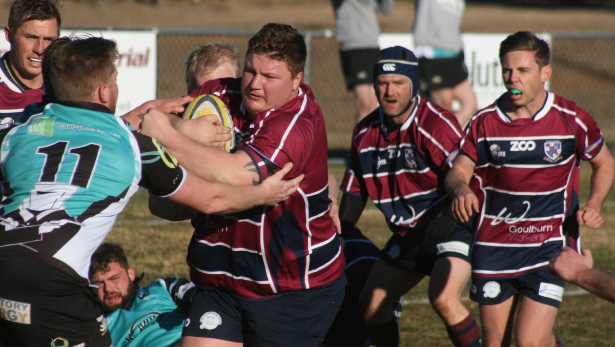DRIVING FORWARD: Prop Jayden Hunt busts the defensive line in Goulburn's 31-10 win against the Hall Bushrangers, in Goulburn on Saturday July 21. Photo: Chris Gordon

