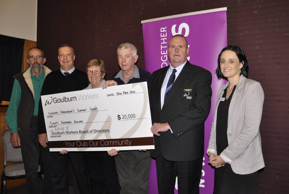 Goulburn Workers Club CEO Brett Goreham (second left) and board president Tony Dawson donated $20,000 to help fund Parkinson's Support nurse, Lauren Hogan's (right) position.