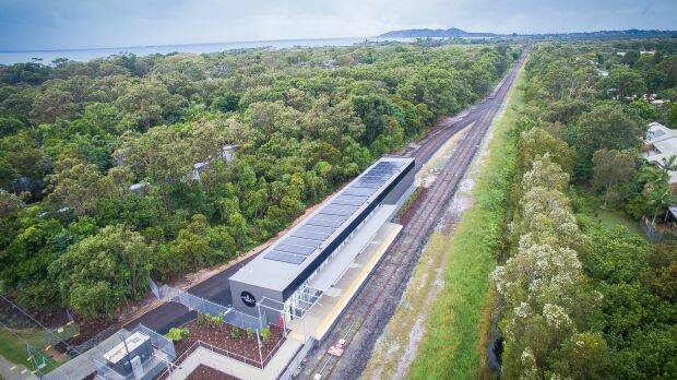 Byron's North Beach station with a view south to Byron Bay along the train line. Solar panels on the shed roof will power the world's first solar train. Photo: Byron Bay Railroad Company
