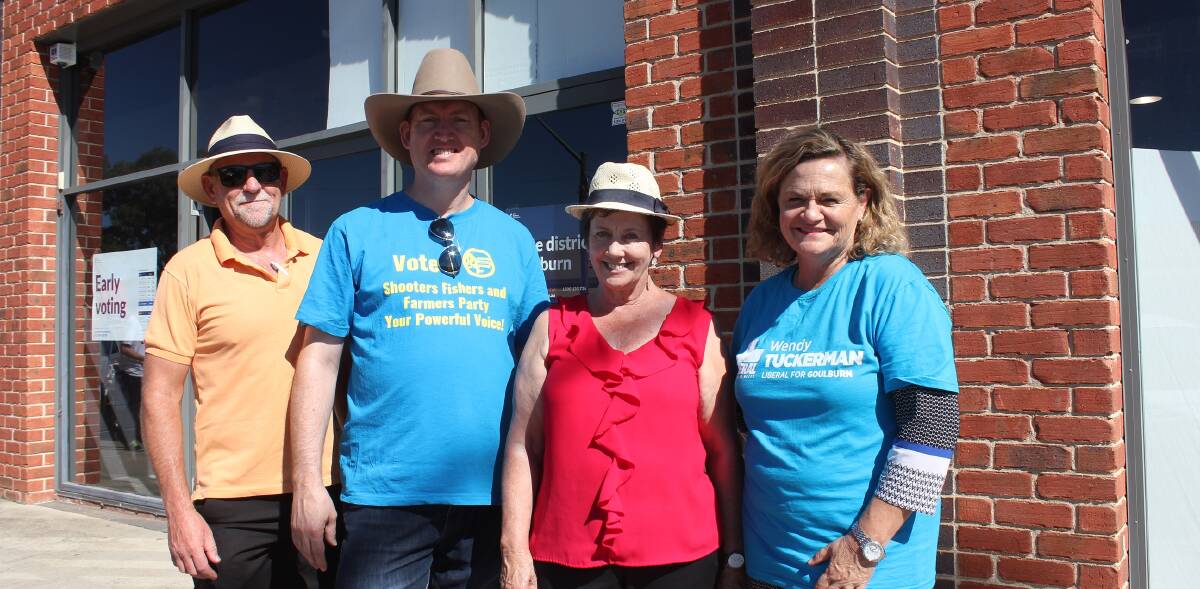 One Nation (Upper House) Rod Roberts; Shooters, Fishers and Farmers' Andy Wood; Labor's Dr Ursula Stephens; and Liberals' Wendy Tuckerman outside the pre-polling booth in Goulburn. 