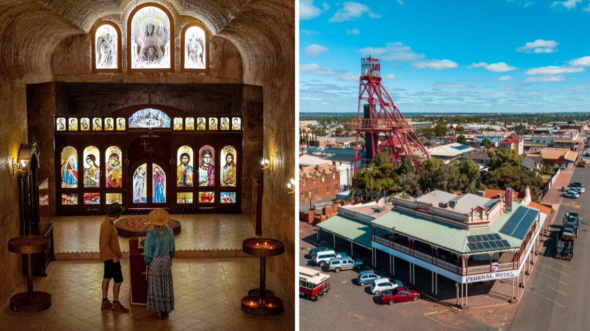The Serbian Orthodox Church at Coober Pedy (left) and Kalgoorlie. Pictures by South Australian Tourism Commission, Tourism Western Australia
