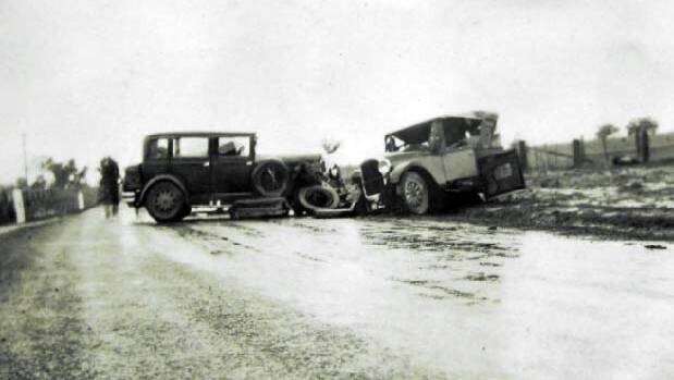 CRASH, BANG: An early motor vehicle accident, the forerunner of the thousands of accidents attended by Yass Ambulance. (Image YDHS Archives)