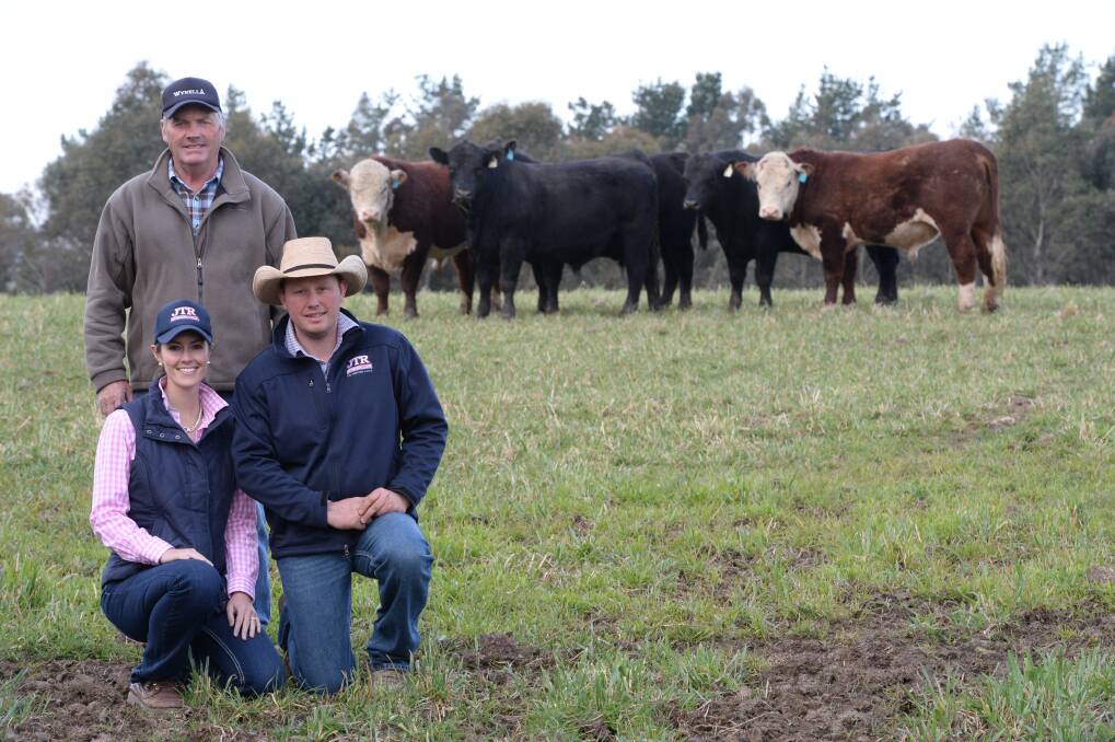 Poll Hereford and Angus producers' typically sell a number of bulls at the annual Goulburn bull sale. Jemma and Tim Reid, JTR Cattle Company, Roslyn, with Ross Robertson, Wynella, Roslyn.