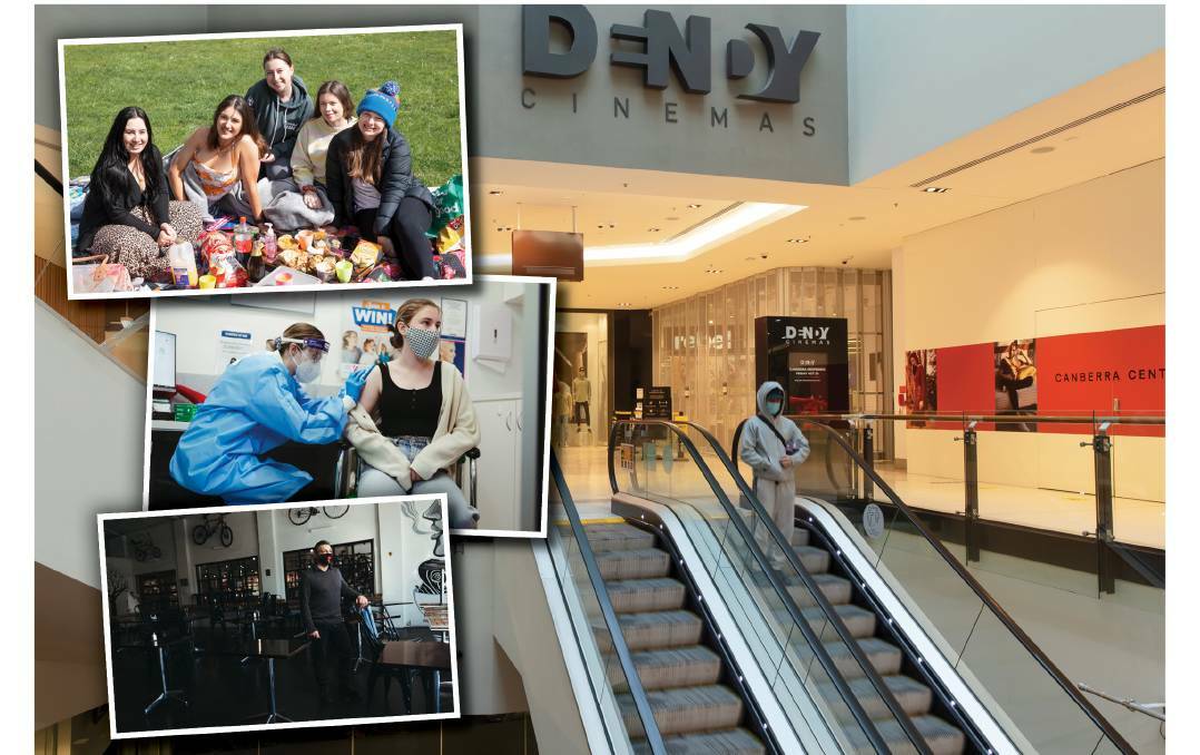 A customer rides an escalator outside a deserted Canberra shopping centre. Inset, top to bottom: Picnics have just started again; Canberra is set to achieve one of the highest vaccination rates in the world, and cafe owner Paolo Celestino. Main picture: Sitthixay Ditthavong 