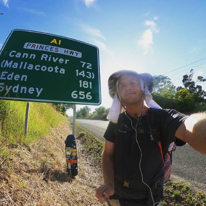 KICK, PUSH: Skateboarder Tom Drury on his long journey along the East Coast all the way to Cairns. He estimates he'll reach his destination by mid-March. Photo: Supplied