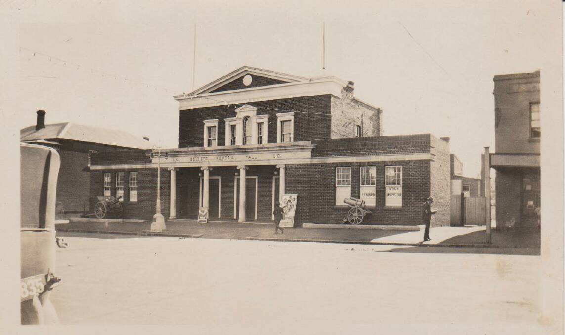 Memorial Hall where Memorial Hall Pictures operated with film posters displayed pre 1930. Yass & District Historical Society Collection. 