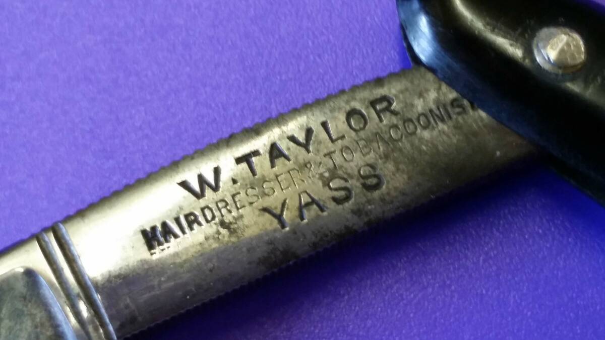 The German-made Solingen blade of the razor is clearly inscribed 'William Taylor, Hairdresser and tobacconist, Yass. Photo: Yass & District Historical Society