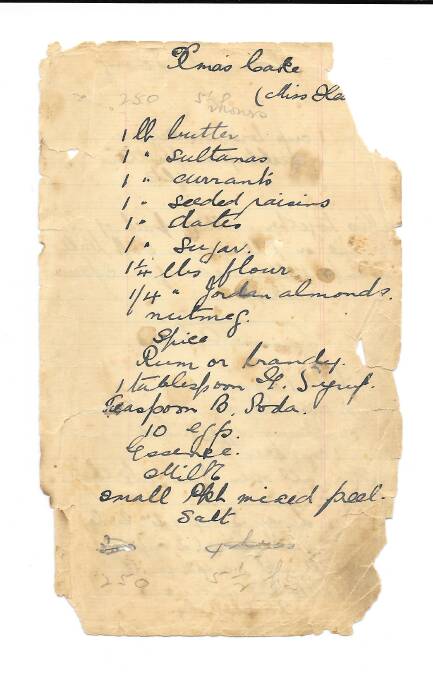Our archives contain a variety of Christmas references including handwritten family favourites, such as this recipe from a Miss Hewitt for a Christmas cake found in a personal recipe book dated 1939 belonging to Lillian McCrae, sister of Rita Elrington. Photo: Yass and District Historical Society Inc