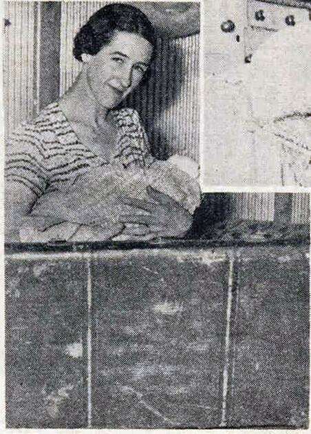 Mrs Walter Gervens who assisted with the birth shown with baby Alan and his makeshift suitcase crib. (Trove, Australian Women's Weekly, 10 February 1940.)
