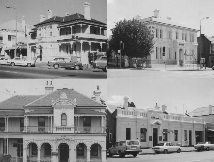 STREET SCENE: (Clockwise from top left) AJS Bank, built 1887. Date unknown; Current Westpac Bank. Date unknown; AB Triggs building later became the ANZ Bank 1829. C1980s; Bank of NSW 1886. Date unknown. Photos: Yass and District Historical Society Collection. 