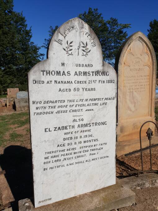 CONFLICTING ACCOUNTS: The headstone of Thomas Armstrong and his wife Elizabeth, née Davis, in the Anglican portion of the Yass General Cemetery.