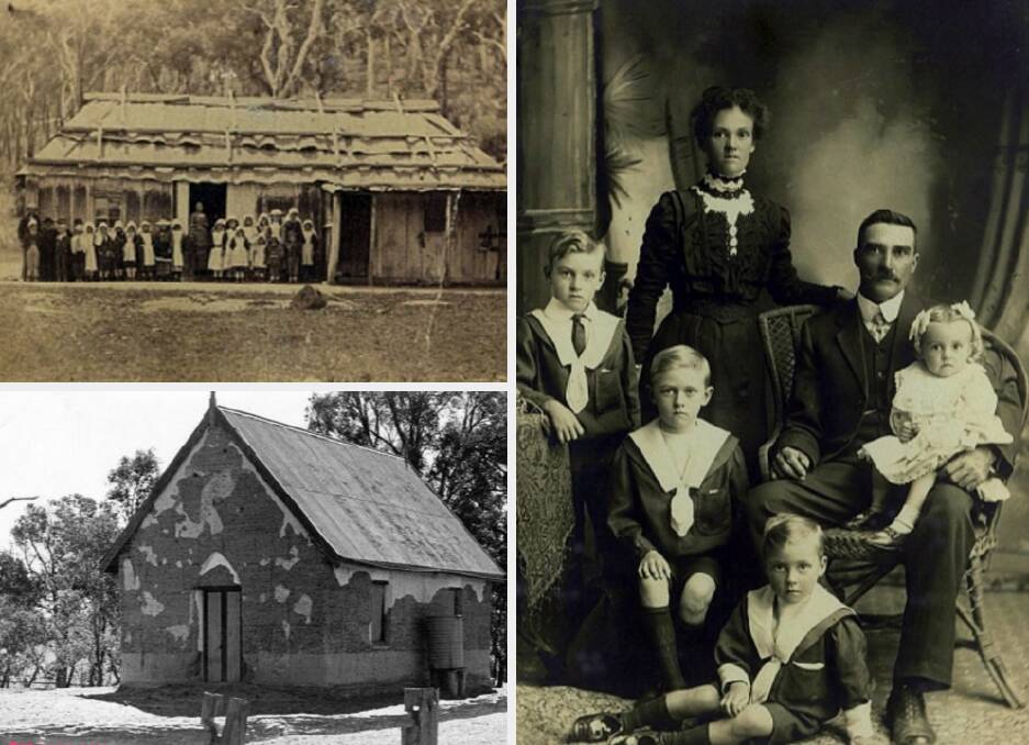 CHURCH PEOPLE: (clockwise from top left) Noah and Mary Davies with their group for religious instruction in the first slab Methodist church at Mundoonan in the late 1850s; Thomas Armstrong Junior and his wife Minnie May née Young, and family, 1912. (Photos Judith Davidson); and Nanima Creek Methodist Church, mid 1960s after it closure. (Photo Oskar Pumpurs).