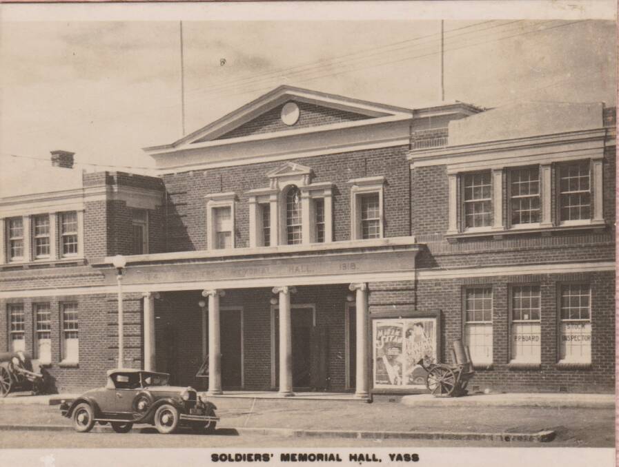 Film poster advertisements outside the Memorial Hall early 1930s. Yass & District Historical Society Collection. 