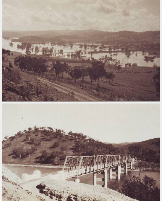 RECONSTRUCTION: The old Taemas Bridge during 1925 flood taken from Cavan Hill (top) and the new bridge c1930s (below). Photos: Yass & District Historical Society Collection