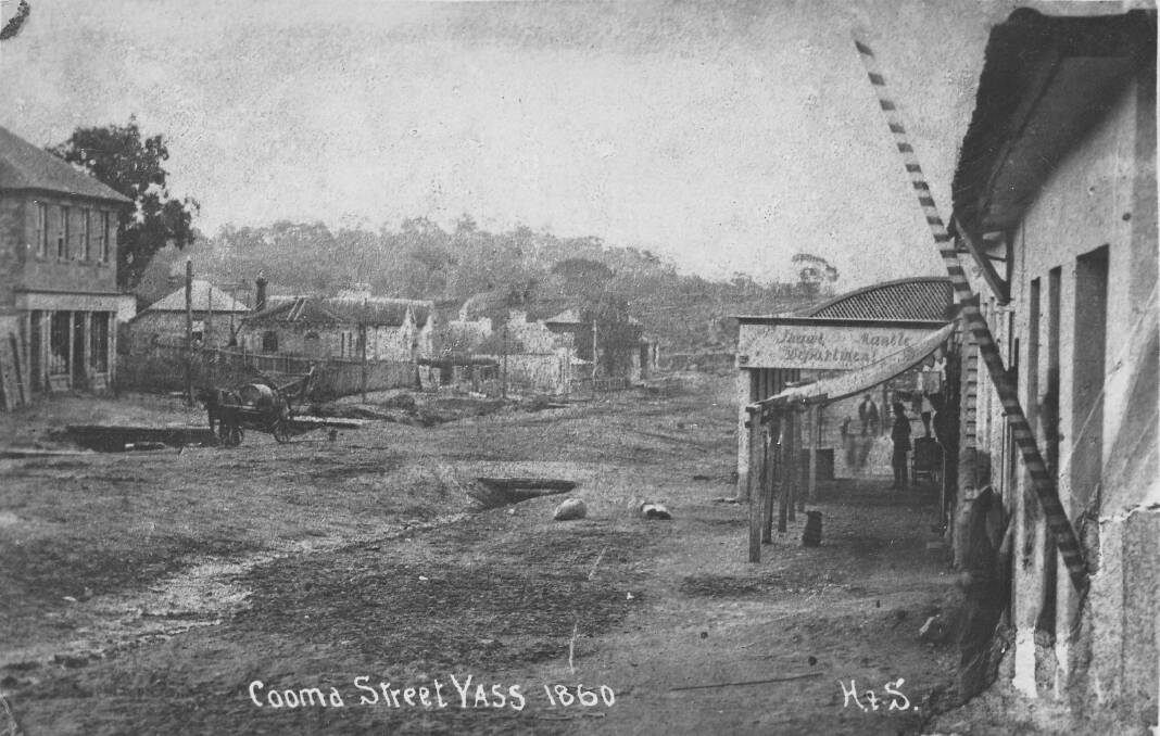 ALTERNATIVES: 'A photograph labelled "Cooma Street, Yass, 1860" shows which spelling was in use when this reproduction was made by Howard and Shearsby, c. 1910.