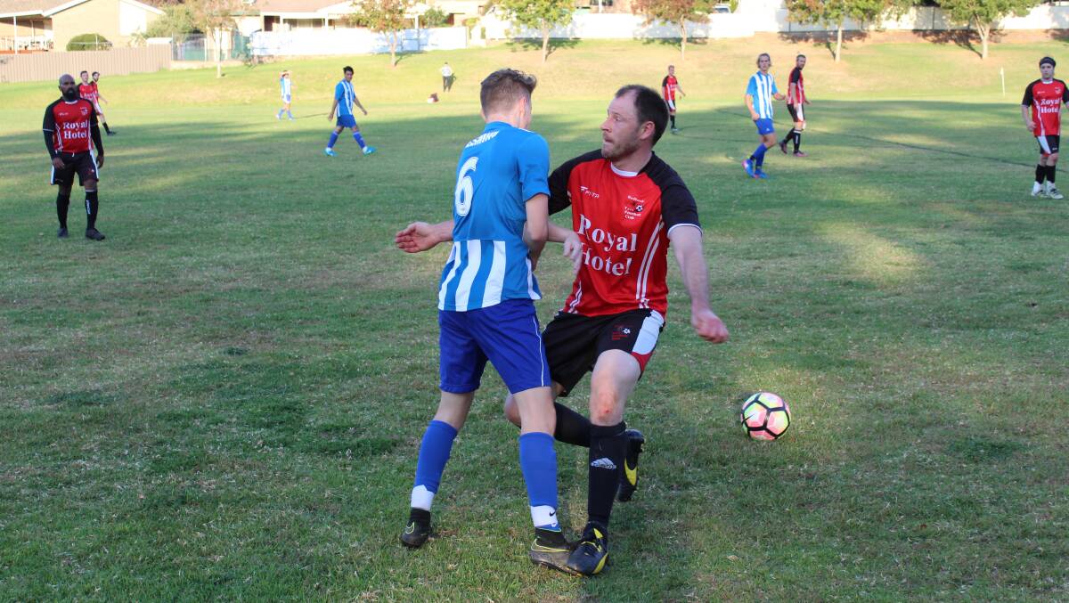 Use your body: The Yass Redbacks once again had some mixed fortunes over the weekend, with the State League Three men battling to a 3-3 draw. Photo: Zac Lowe.
