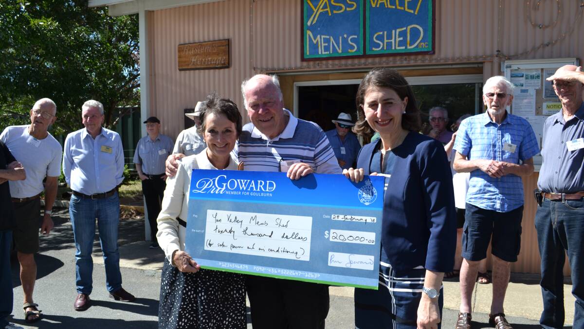 Pru Goward (left) with Bob Nash and Gladys Berejiklian at the Yass Valley Men's Shed. Photo: Supplied. 