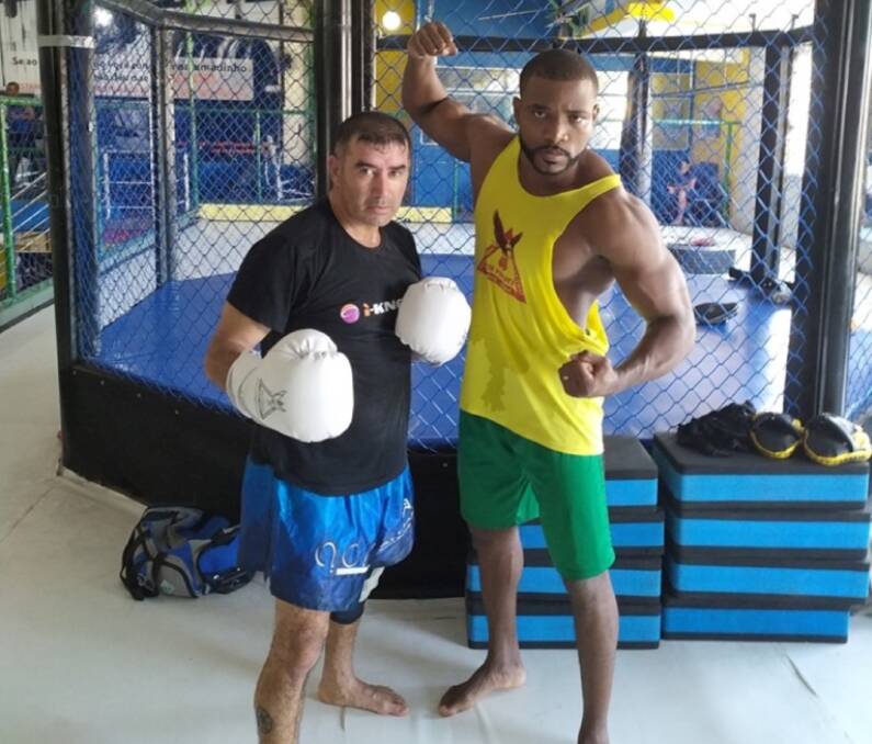 Training: Spider (left) pictured with Master Jorge Daniels in his Rio de Janeiro gym, where the Yass local trained for a month. Photo: Supplied.