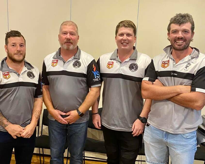 Coaching line: The Yass Magpies' coaches for 2020 are (from left) Chris Rawlinson (reserve grade), Cam Hardy (first grade), Josh Hardy (Under 19s) and Brad Wylie (open women's tackle). Photo: Yass Magpies.
