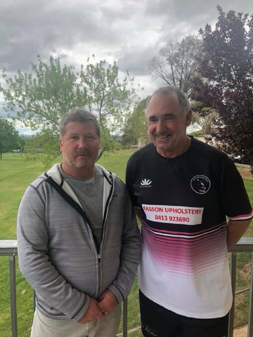 Warm welcome: Cam Hardy (left) with Yass Magpies president Greg Smith at the meet and greet that Hardy hosted recently. Photo: Yass Magpies Senior Rugby League.