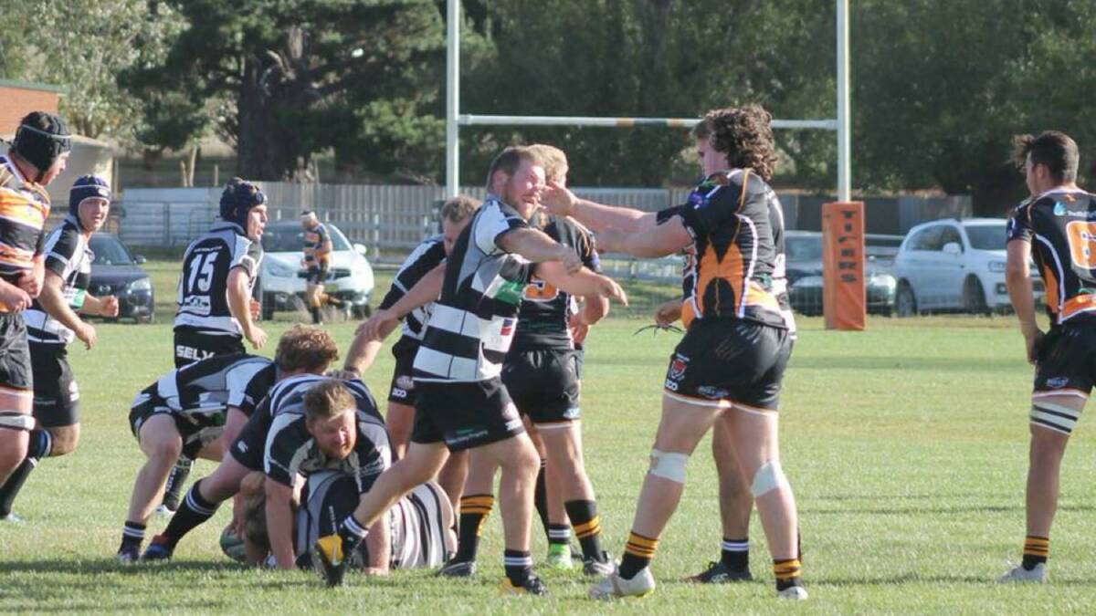 Rough play: The Rams in the midst of their 33-36 loss to Taralga on the weekend, which was affected by the inclement weather. Photo: Yass Rams. 