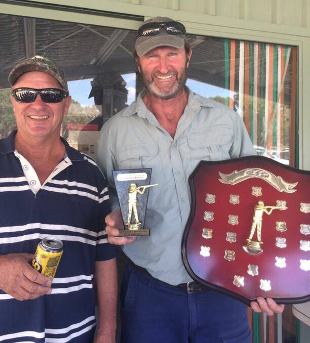 Pateman winner: Phil Wales (right) is all smiles after claiming the Pateman Perpetual Shield last weekend. Photo: Yass Clay Target Club. 