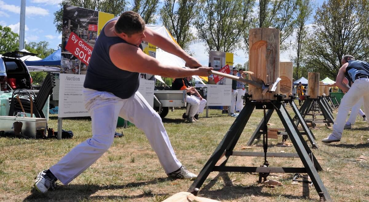 Crack: Glen Gillam demolishes another block of wood at the Murrumbateman Field Days over the weekend. Photo: Hannah Sparks. 