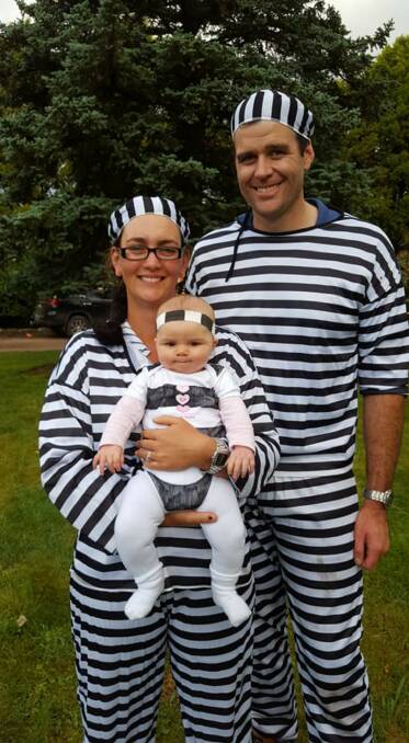 Convicts: The Hughes family won best dressed at the Polocrosse Club Christmas party, for their prisoner-themed getup. Photo: Yass Polocrosse Club. 
