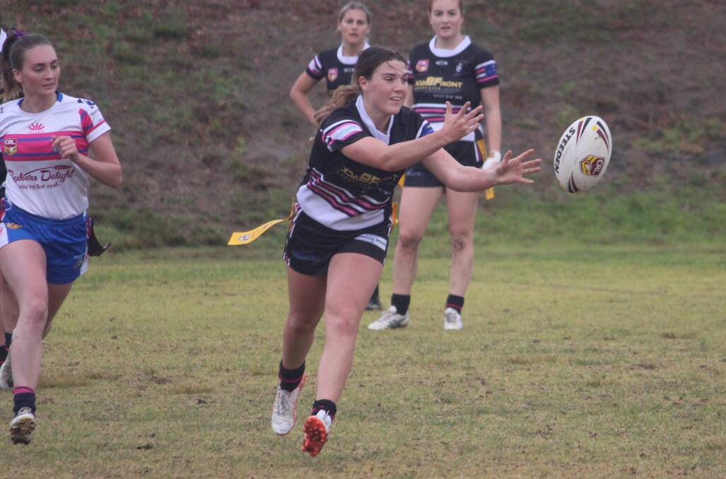 Pass it on: Gabby Davis, seen here playing league tag for the Yass Magpies, was one of five Yass girls selected for the Canberra Raiders Tarsha Gale Cup squad. Photo: Zac Lowe.