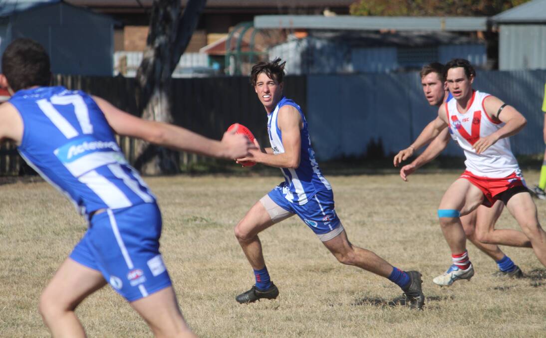 On the lookout: Toby Serafin has been a standout for Yass in the midfield this year, and has contributed with crucial goals and consistent disposals. Photo: Zac Lowe.