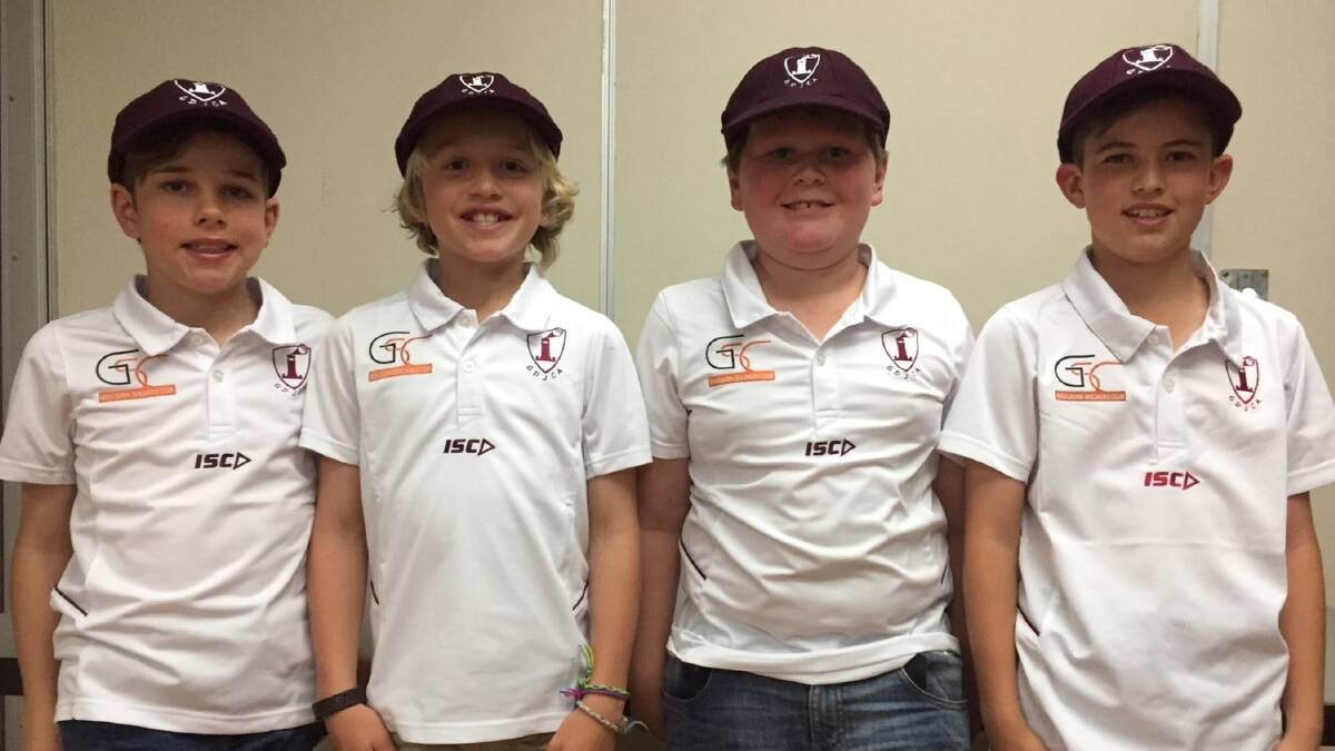 All grins: Denver, Baxter, Jack, and Lachlan can't hold back their big smiles as they show off their new Southern Tablelands caps. Photo: Yass District Cricket Association.