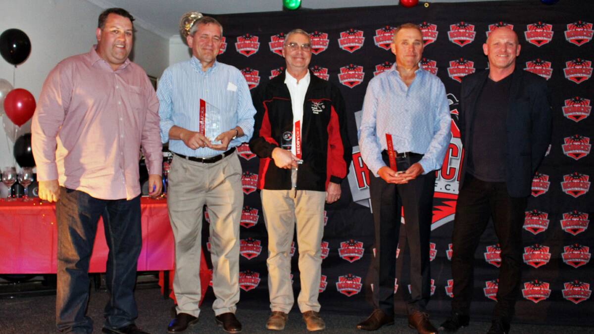 Awarded: (from left) Paul Jephcott (current president), Mark Valencic, Warren Nielson, Grant Taylor, Andy Jewell (inaugural president). Photo: Supplied.