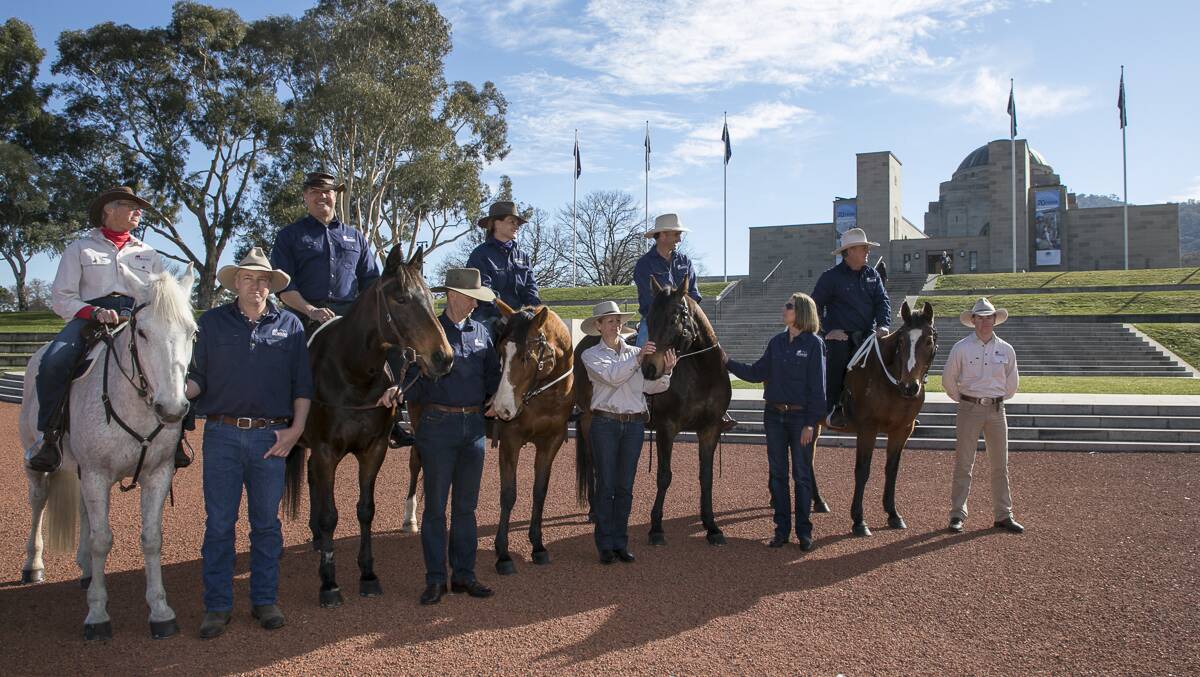 On horseback: Remount 'drovers' at the War Memorial on Monday. Photo: supplied. 