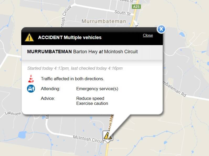 Accident on Barton Highway, Murrumbateman, affects traffic in both directions