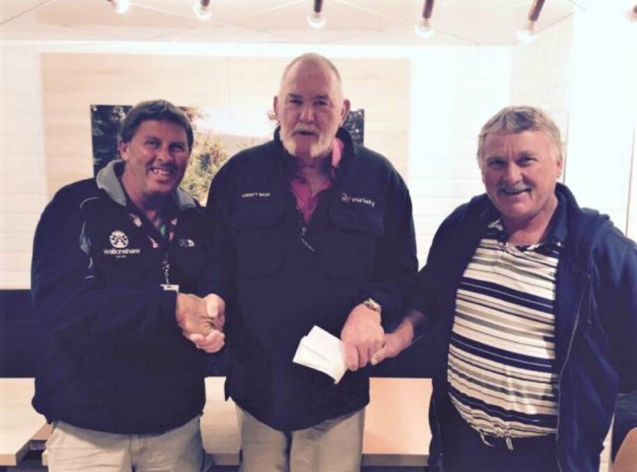 ALL FOR A CAUSE: Steve Martin (left) and Greg Mann (right), who went on the 2017 Variety Club Adventure Tour, presents a cheque of $7000 to Stuart Telfer, chief organiser of Variety Club. Photo: Supplied